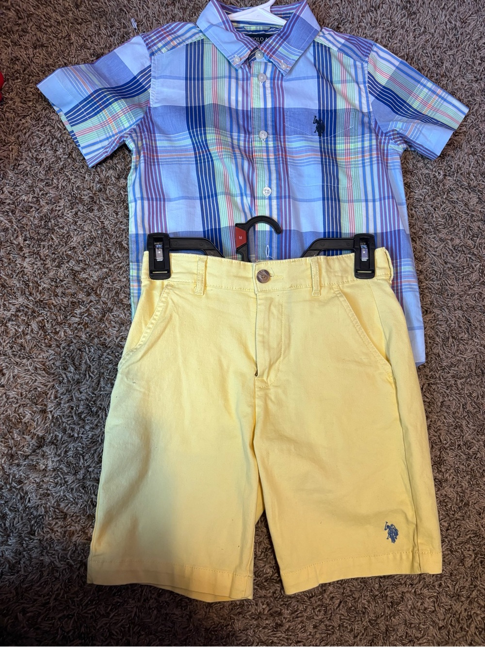 US Polo Assn. Blue Plaid Button-Down Shirt with Yellow Shorts